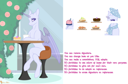 Size: 3656x2408 | Tagged: safe, artist:dianamur, derpibooru import, oc, oc only, alicorn, pony, alicorn oc, base, beret, food, hat, horn, outdoors, sitting, stool, table, wings