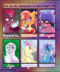 Size: 899x1077 | Tagged: safe, artist:shootingstaryt, derpibooru import, princess ember, princess skystar, sunset shimmer, tempest shadow, anthro, bird, classical hippogriff, hippogriff, owl, unicorn, my little pony: the movie, anthro with ponies, bna: brand new animal, broken horn, clothes, crossover, eye scar, female, flower, flower in hair, glowing horn, grin, guitar, horn, jewelry, looking back, magic, michiru kagemori, musical instrument, necklace, scar, six fanarts, smiling, sparking horn, telekinesis