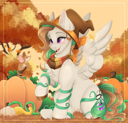 Size: 7184x6937 | Tagged: safe, artist:pvrii, derpibooru import, oc, oc only, oc:rune spirit, mouse, pegasus, pony, absurd resolution, chest fluff, eye contact, female, hat, looking at each other, mare, pumpkin, scarf, sitting, solo, witch hat