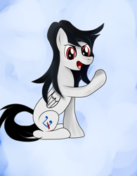 Size: 1992x2548 | Tagged: safe, artist:almaustral, derpibooru import, oc, oc only, pegasus, pony, abstract background, open mouth, pegasus oc, raised hoof, smiling, solo, wings