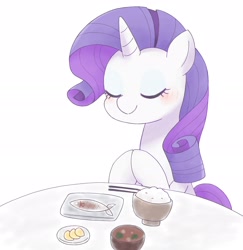 Size: 2549x2618 | Tagged: safe, artist:ginmaruxx, derpibooru import, rarity, fish, pony, unicorn, blushing, bowl, bust, chopsticks, cute, female, food, high res, hooves together, mare, ponies eating meat, ponies eating seafood, raribetes, rice, seafood, simple background, solo, table, white background