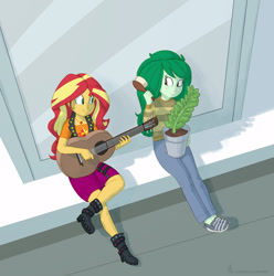 Size: 1070x1080 | Tagged: safe, artist:carnifex, derpibooru import, sunset shimmer, wallflower blush, equestria girls, acoustic guitar, boots, brush, clothes, commission, courtyard, duo, flower pot, geode of empathy, guitar, magical geodes, musical instrument, pants, shoes, sitting, skirt, wallflower and plants