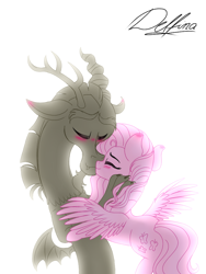 Size: 768x1024 | Tagged: safe, artist:delfinaluther, derpibooru import, discord, fluttershy, draconequus, pegasus, pony, blushing, discoshy, eyes closed, female, kissing, male, shipping, straight