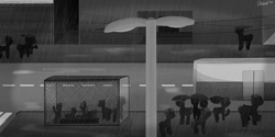 Size: 5000x2500 | Tagged: safe, artist:uteuk, derpibooru import, earth pony, pony, unicorn, barbed wire, black and white, bus, bus stop, grayscale, monochrome, rain, road, umbrella