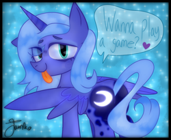 Size: 1100x900 | Tagged: safe, artist:junko, derpibooru import, princess luna, alicorn, pony, :p, blue background, butt, cute, dialogue, digital art, eye clipping through hair, eye shimmer, female, floppy ears, glowing cutie mark, heart, implied gamer luna, looking at you, looking back, looking back at you, lunabetes, mare, missing accessory, moonbutt, s1 luna, signature, simple background, solo, speech bubble, spread wings, starry background, tongue out, wings
