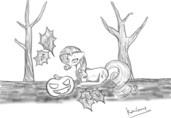 Size: 4000x2747 | Tagged: safe, artist:kamikazelenna, derpibooru import, rarity, pony, unicorn, female, grayscale, halloween, holiday, leaves, mare, monochrome, pumpkin, realistic anatomy, realistic horse legs, sketch, solo, solo female, tree