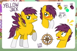 Size: 1280x852 | Tagged: safe, artist:jennieoo, derpibooru import, oc, oc:yellow jack, happy, one hoof raised, reference, reference sheet, sheet, shocked, shy, solo, vector, wings