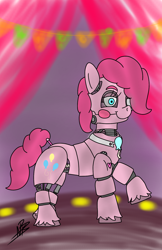 Size: 1200x1848 | Tagged: safe, derpibooru import, pinkie pie, earth pony, pony, robot, robot pony, animatronic, background, balloon, blue eyes, cutie mark, decoration, eyebrows, five nights at aj's, five nights at freddy's, five nights at freddy's 2, five nights at freddy's 3, five nights at freddy's 4, five nights at pinkie's, fnaf 2, fnaf 3, fnaf 4, fnap, halloween, happy, heart, holiday, hooves, light, nightmare night, party, party decorations, pink, pink mane, pink tail, present, robot eye, roboticization, scared, sister location, smiley face, solo, stage