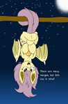 Size: 2064x3167 | Tagged: safe, artist:wapamario63, fluttershy, bat pony, pony, cute, dialogue, featured image, female, flutterbat, food, hanging, hanging upside down, mango, mare, moon, night, solo, stars