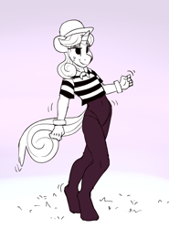 Size: 1699x2300 | Tagged: safe, artist:tallaferroxiv, quiet gestures, anthro, unguligrade anthro, background pony, clothes, dancing, flat, gloves, hat, mime, solo