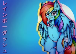 Size: 2048x1463 | Tagged: safe, alternate version, artist:canvymamamoo, rainbow dash, anthro, pegasus, belly button, blue background, blushing, breasts, clothes, ear fluff, female, japanese, looking at you, mare, simple background, smiling, solo, swimsuit, text