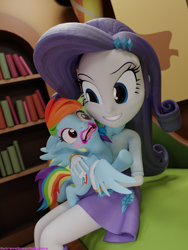Size: 3750x5000 | Tagged: safe, artist:extremespeed slowpoke, rainbow dash, rarity, pegasus, pony, equestria girls, 3d, blender, blushing, eyeshadow, forced makeover, grin, lipstick, makeup, open mouth, smiling