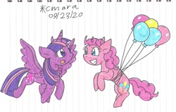 Size: 1775x1131 | Tagged: safe, artist:cmara, derpibooru import, pinkie pie, twilight sparkle, twilight sparkle (alicorn), alicorn, earth pony, pony, balloon, duo, female, flying, grin, mare, open mouth, pinkie being pinkie, raised hoof, raised leg, simple background, smiling, traditional art, white background