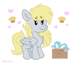 Size: 1915x1632 | Tagged: safe, artist:pink-pone, derpibooru import, derpy hooves, pegasus, pony, blushing, box, chest fluff, chibi, female, food, mare, muffin, simple background, solo, white background, wings