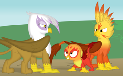 Size: 3519x2182 | Tagged: safe, artist:porygon2z, derpibooru import, gilda, oc, oc:blaze, oc:heatwave, griffon, angry, butt, looking at each other, oc and canon