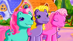 Size: 1246x701 | Tagged: safe, derpibooru import, screencap, daisyjo, minty, pinkie pie (g3), g3, the runaway rainbow, cute, daisy jo (g3), g3 dawwsy jo, g3 diapinkes, mintabetes, ponyville (g3)