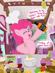 Size: 3024x4032 | Tagged: safe, artist:wispy tuft, derpibooru import, pinkie pie, earth pony, pony, alcohol, applejack daniel's, bakery, baking, classic, cooking, cupcake, epic cupcake time, food, kitchen, liquor, solo, whiskey