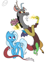 Size: 2088x2871 | Tagged: safe, artist:jbrid, derpibooru import, discord, trixie, bouquet, duo, female, flower, male, shipping, simple background, straight, transparent background, trixcord