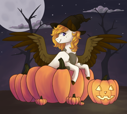 Size: 3000x2700 | Tagged: safe, artist:flaming-trash-can, derpibooru import, oc, oc only, oc:indigo skies, pegasus, pony, cloud, commission, halloween, hat, holiday, jack-o-lantern, moon, night, pumpkin, solo, spread wings, stars, tree, wings, witch hat, ych result