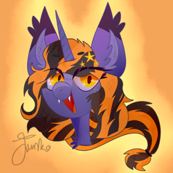 Size: 700x700 | Tagged: safe, artist:junko, derpibooru import, oc, oc only, oc:hocus pocus, bat pony, pony, unicorn, big ears, bust, chest fluff, cute, ear fluff, eye clipping through hair, eyelashes, fangs, female, freckles, hairpin, mare, not my oc, orange background, signature, simple background, smiling, solo, wingding eyes