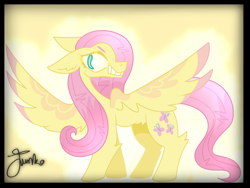 Size: 800x600 | Tagged: safe, artist:junko, derpibooru import, fluttershy, pegasus, pony, big eyes, evil grin, evil smirk, female, grin, large wings, mare, signature, simple background, smiling, smirk, solo, spread wings, wings, yellow background