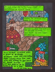 Size: 2503x3269 | Tagged: safe, artist:oatmeal155, derpibooru import, griffon, comic:oat.meal, backstory, blades, comic, dialogue, exposition, knife, stained glass, traditional art, village