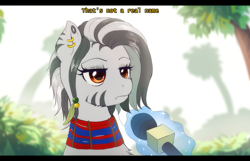 Size: 1945x1253 | Tagged: safe, artist:evomanaphy, derpibooru import, oc, oc only, oc:nishati, zebra, dialogue, ear piercing, earring, feather, frown, interview, jewelry, jungle, lidded eyes, magic, microphone, piercing, solo, telekinesis, unamused