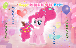 Size: 4600x2898 | Tagged: safe, artist:andoanimalia, derpibooru import, pinkie pie, earth pony, pony, balloon, candy, candy in hair, confetti, confetti in mane, female, food, looking at you, mare, older pinkie pie, open mouth, pinkie pie day, streamers, sugarcube corner, teddy bear, text