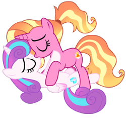 Size: 10313x9710 | Tagged: safe, artist:ejlightning007arts, derpibooru import, luster dawn, princess flurry heart, alicorn, pony, unicorn, eyes closed, female, females only, flurrydawn, horn, kissing, lesbian, lying down, mare, older, older flurry heart, ponytail, romantic, shipping, simple background, transparent background, vector, wings