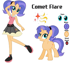 Size: 2068x1834 | Tagged: safe, artist:stellamoonshine, derpibooru import, oc, oc:comet flare, pony, unicorn, equestria girls, clothes, female, human ponidox, mare, offspring, parent:flash sentry, parent:twilight sparkle, parents:flashlight, reference sheet, self ponidox, shirt, simple background, skirt, solo, transparent background