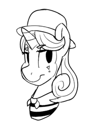 Size: 582x811 | Tagged: safe, artist:tallaferroxiv, quiet gestures, pony, unicorn, ask quiet gestures, female, hat, mare, mime, monochrome, solo