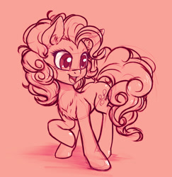 Size: 1048x1080 | Tagged: safe, artist:zetamad, derpibooru import, pinkie pie, earth pony, pony, chest fluff, dock, ear fluff, female, head turn, looking at something, mare, monochrome, open mouth, raised hoof, sketch, solo, standing, three quarter view