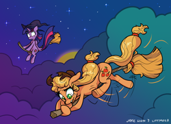Size: 2886x2094 | Tagged: safe, artist:docwario, artist:littmosa, derpibooru import, applejack, twilight sparkle, twilight sparkle (alicorn), alicorn, earth pony, pony, adorable distress, broom, cloud, cute, flying, flying broomstick, hat, hoofy-kicks, horn, jacktober, moon, night, silly, silly pony, stars, who's a silly pony, wings, witch, witch hat