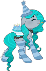 Size: 2136x3280 | Tagged: safe, artist:kurosawakuro, derpibooru import, oc, original species, pond pony, cake, clothes, food, hat, party hat, simple background, socks, solo, striped socks, transparent background