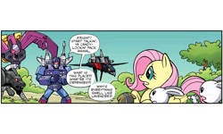 Size: 2000x1200 | Tagged: safe, artist:jack lawrence, derpibooru import, idw, angel bunny, fluttershy, pegasus, pony, spoiler:comic, spoiler:friendship in disguise, spoiler:friendship in disguise03, comic, decepticon, female, frenzy, friendship in disguise, laserbeak, male, mare, ratbat, ravage, transformers