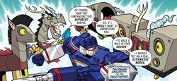 Size: 2761x1272 | Tagged: safe, artist:jack lawrence, derpibooru import, idw, discord, draconequus, robot, spoiler:comic, spoiler:friendship in disguise, spoiler:friendship in disguise03, cropped, friendship in disguise, roboticization, soundwave, transformers