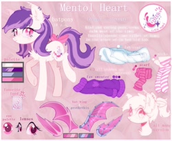 Size: 1280x1048 | Tagged: safe, artist:starrcoma, derpibooru import, oc, oc:mentol heart, bat pony, pony, amputee, artificial wings, augmented, bow, clothes, female, mare, prosthetic limb, prosthetic wing, prosthetics, reference sheet, scarf, socks, solo, striped socks, sweater, tail bow, wings