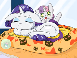 Size: 2224x1668 | Tagged: safe, artist:batipin, derpibooru import, rarity, sweetie belle, pony, unicorn, behaving like a cat, cat toy, eyes closed, floppy ears, lying down, open mouth, pet bed, prone, starry eyes, underhoof, wingding eyes