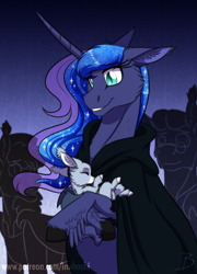 Size: 1050x1456 | Tagged: safe, artist:inuhoshi-to-darkpen, derpibooru import, princess luna, oc, alicorn, bat pony, pony, bat pony oc, bat wings, cape, cheek fluff, chest fluff, clothes, ear fluff, eyes closed, female, floppy ears, foal, hoof fluff, hooves, horn, mare, metal, slit eyes, smiling, unshorn fetlocks, wings