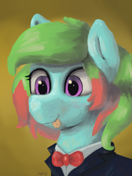 Size: 3000x4000 | Tagged: safe, artist:doughnutwubbs, derpibooru import, oc, oc:precised note, pegasus, pony, bowtie, bust, clothes, cute, eyelashes, portrait, purple eyes, smiling, suit, tongue out, tuxedo, two toned mane, watermark