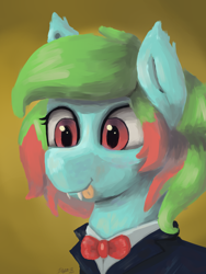 Size: 3000x4000 | Tagged: safe, alternate version, artist:doughnutwubbs, derpibooru import, oc, oc:precised note, pony, vampire, vampony, bowtie, bust, clothes, cute, ear fluff, eyelashes, fangs, portrait, race swap, slit eyes, smiling, suit, tongue out, tuxedo, two toned mane, watermark