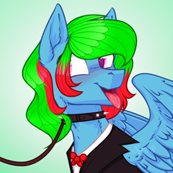 Size: 960x960 | Tagged: safe, anonymous artist, artist:sparkling_light, derpibooru import, oc, oc:precised note, pegasus, pony, bowtie, bust, clothes, collar, eyelashes, gradient background, heart eyes, leash, looking sideways, open mouth, pet play, portrait, smiling, suit, tongue out, tuxedo, two toned mane, watermark, wingding eyes, wings