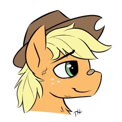 Size: 1280x1280 | Tagged: safe, artist:fakskis, derpibooru import, applejack, applejack (male), earth pony, pony, alternate hairstyle, applejack's hat, bandaid, chest fluff, cowboy hat, freckles, hat, male, plaster, rule 63, simple background, solo, white background