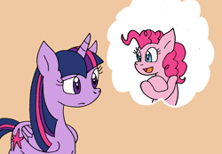 Size: 1224x848 | Tagged: safe, artist:cmara, derpibooru import, pinkie pie, twilight sparkle, twilight sparkle (alicorn), alicorn, earth pony, pony, bipedal, confused, crossed arms, female, mare, open mouth, raised eyebrow, raised hoof, simple background, tan background, thought bubble