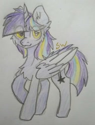 Size: 843x1118 | Tagged: safe, anonymous artist, derpibooru import, oc, oc:twinkle starstone, alicorn, alicorn oc, chest fluff, cutie mark, eye clipping through hair, folded wings, horn, looking at you, one hoof raised, request, smiling, traditional art, two toned wings, watermark, wings