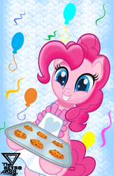 Size: 1990x3060 | Tagged: safe, artist:theretroart88, derpibooru import, pinkie pie, earth pony, pony, apron, clothes, cookie, cute, diapinkes, food, smiling at you