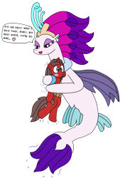 Size: 2084x3076 | Tagged: safe, artist:supahdonarudo, derpibooru import, queen novo, oc, oc:ironyoshi, seapony (g4), unicorn, my little pony: the movie, blushing, dialogue, heart, hug, simple background, size difference, speech bubble, this will end in snu snu, transparent background