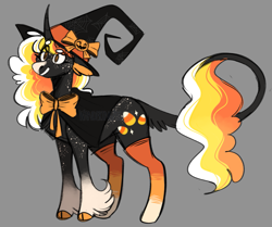 Size: 1163x973 | Tagged: safe, artist:wanderingpegasus, derpibooru import, oc, oc only, classical unicorn, pony, unicorn, bow, cape, clothes, cloven hooves, curved horn, female, halloween, hat, holiday, horn, leonine tail, mare, simple background, solo, unshorn fetlocks, witch hat