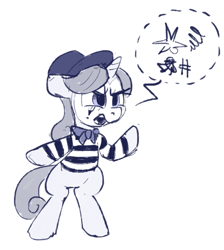 Size: 1027x1146 | Tagged: safe, artist:tallaferroxiv, quiet gestures, unicorn, angry, bipedal, clothes, female, floppy ears, grawlixes, grayscale, hat, mare, mime, monochrome, open mouth, simple background, sketch, solo, speech bubble, white background