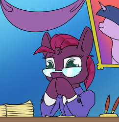 Size: 1300x1336 | Tagged: source needed, safe, artist:dacaoo, derpibooru import, tempest shadow, twilight sparkle, pony, unicorn, broken horn, clothes, desk, gendo pose, glasses, horn, picture frame, suit